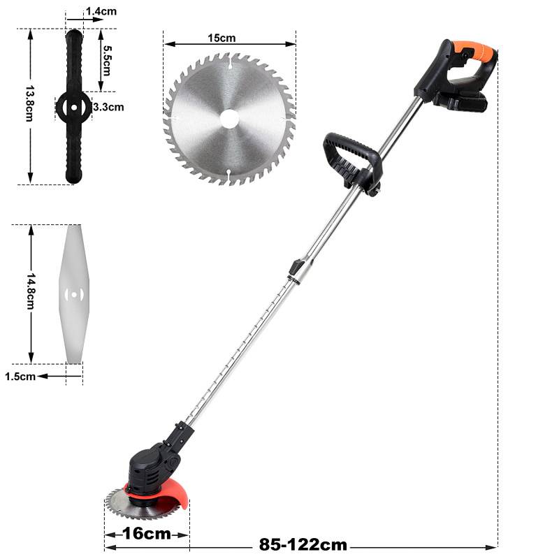 Ein Diagramm eines kabellosen elektrischen Rasentrimers mit einer verstellbaren Länge von 85–122 cm und einer 16 cm langen Schneideklinge. Enthält Griff- und Kopfanbauteile.