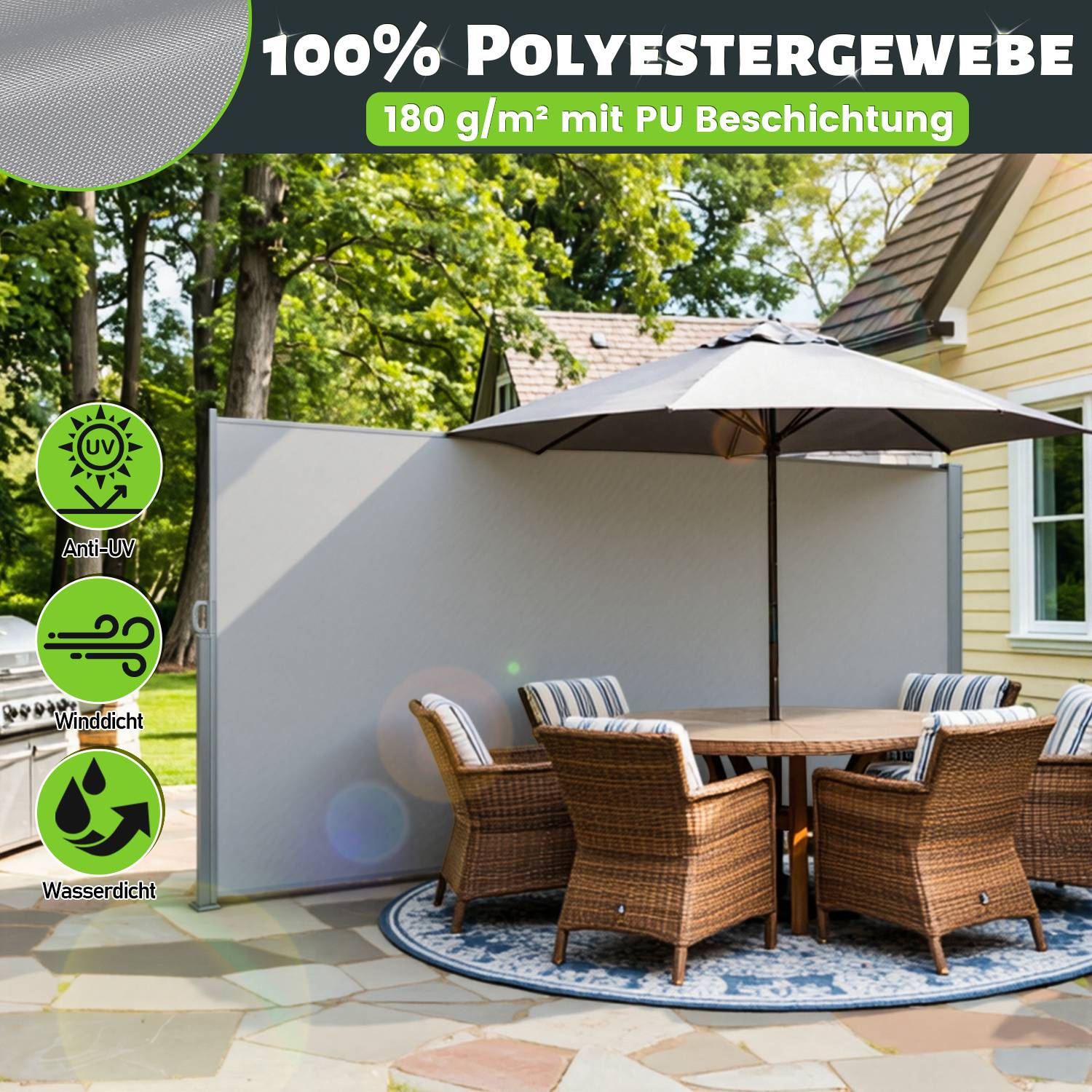 Outdoor-Terrasse mit einem runden Tisch, der unter einem grauen Regenschirm aufgestellt ist, umgeben von Korbstühlen. Der Text oben lautet „100 % Polyestergewebe, 180 g/m² mit PU-Beschichtung