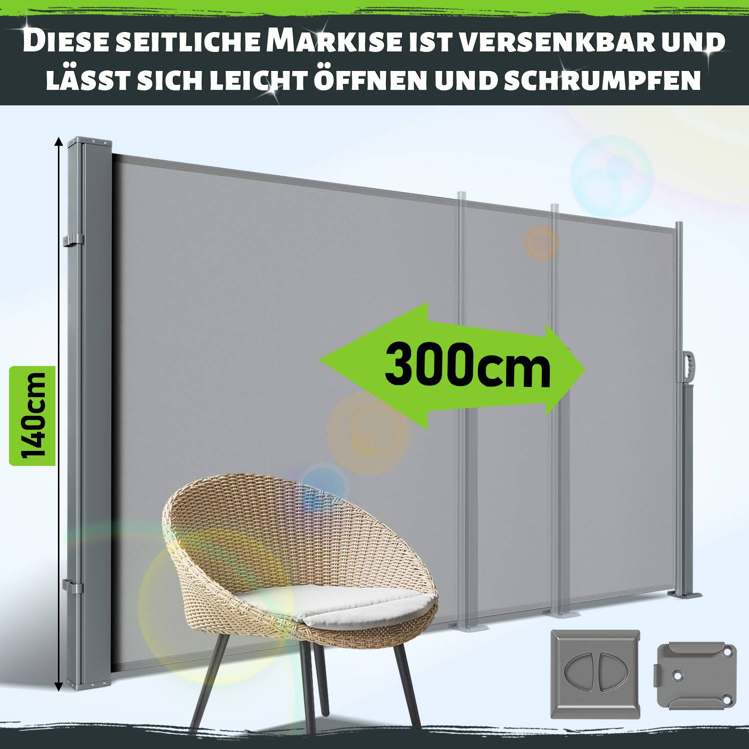 Eine ausziehbare Seitenmarkise mit den Abmessungen 300 cm breit und 140 cm hoch, neben einem Stuhl angezeigt, wobei die Flexibilität hervorgehoben wird.