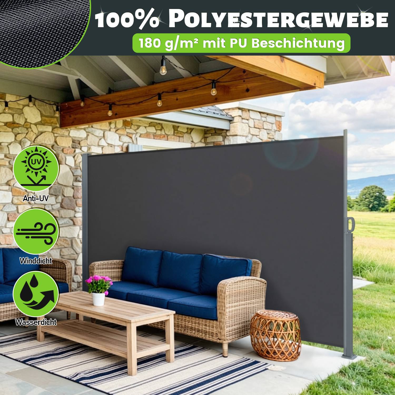 Outdoor-Terrasse mit Rattanmöbel-Set; schattiger Baldachin und Sichtschutzwand. Der Text hebt folgende Merkmale hervor: „100% Polyester, UV-beständig, windresistent