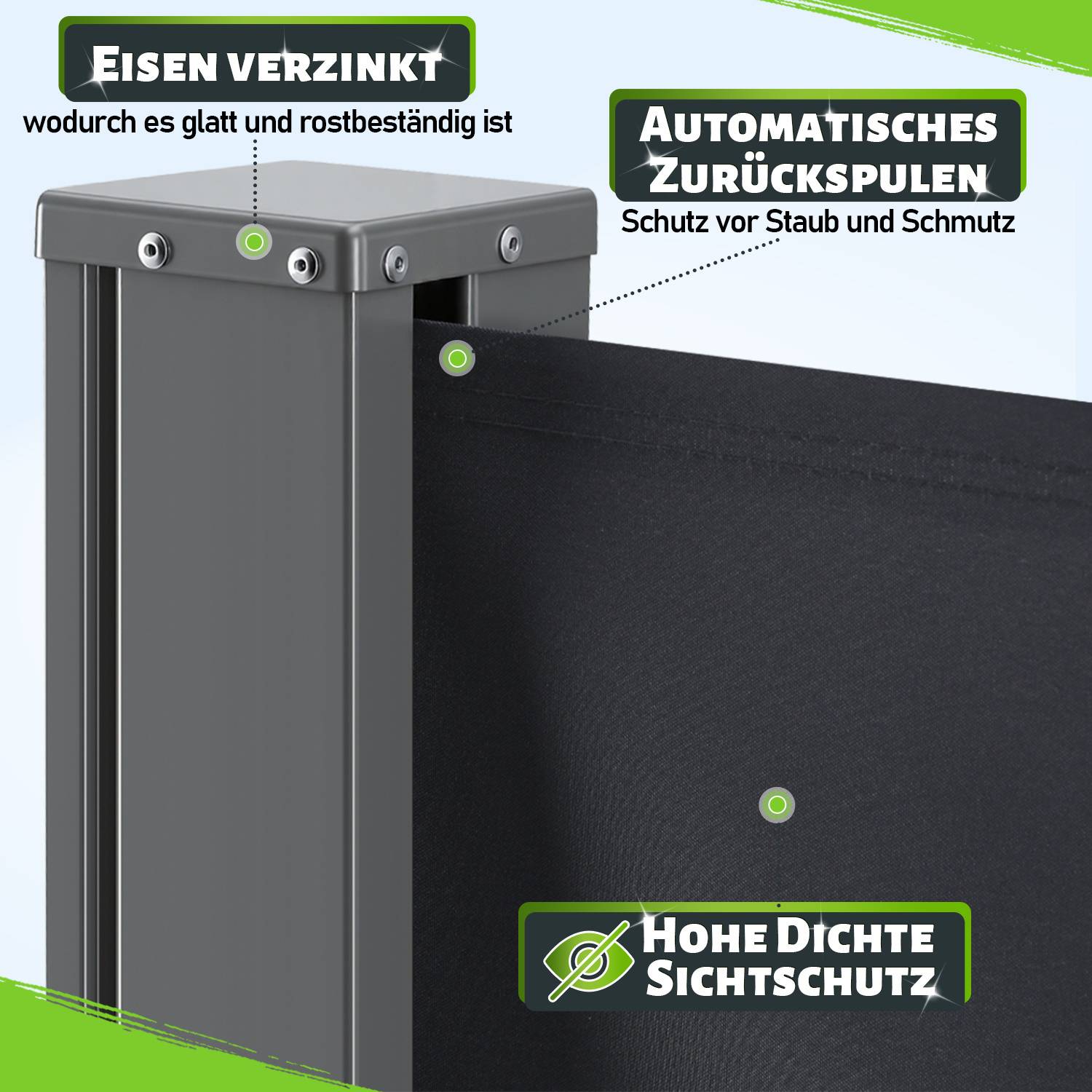 Verzinktes Eisen' gewährleistet Glätte und Rostbeständigkeit, 'Automatisches Aufwickeln' bietet Schutz vor Staub und Schmutz, 'Hochdichter Sichtschutzschirm'.