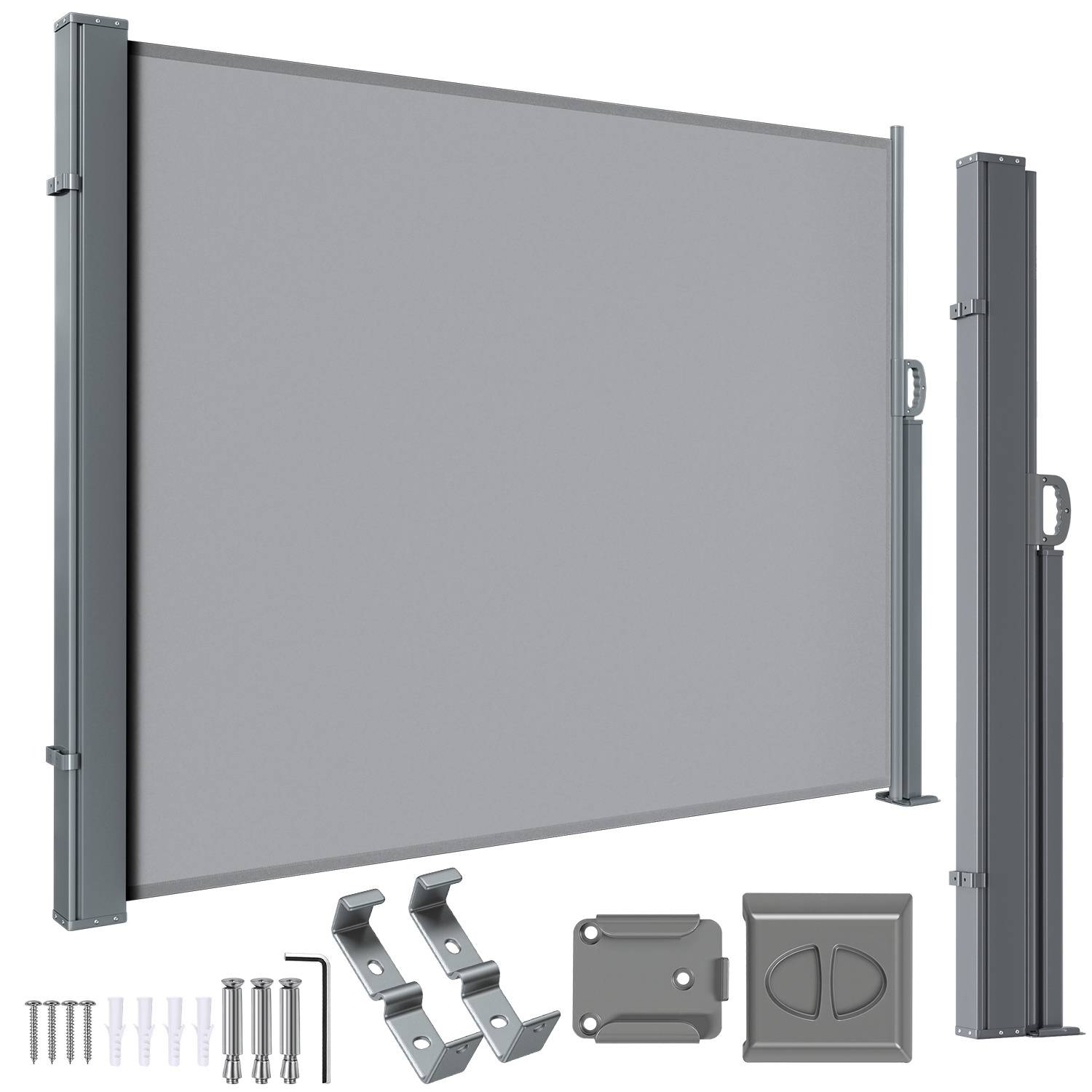 Ausfahrbare Seitenmarkise mit Montagezubehör, ausgestattet mit grauem Gewebe und Metallrahmen, geeignet für Sichtschutz und Windschutz.