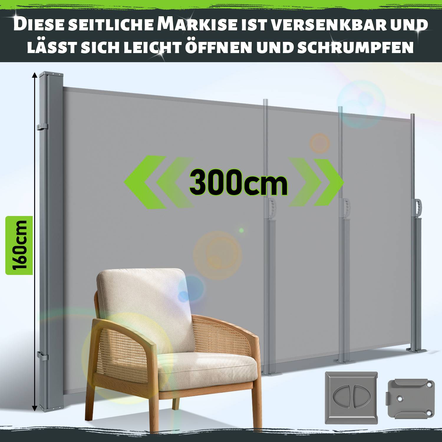 Seitenmarkise 300 x 160 cm Ausziehbar Windschutz, Sichtschutz für Balkon & Terrasse, Seitenrollo mit Wandhalterung Sonnenschutz - Grau Markise