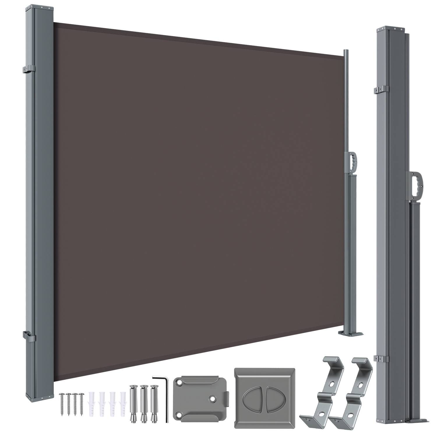 Einziehbare Seitenmarkise in Dunkelbraun mit Montagezubehör und Komponenten angezeigt, die eine vollständige Lösung für den Außenbereich-Sichtschutz zeigt.