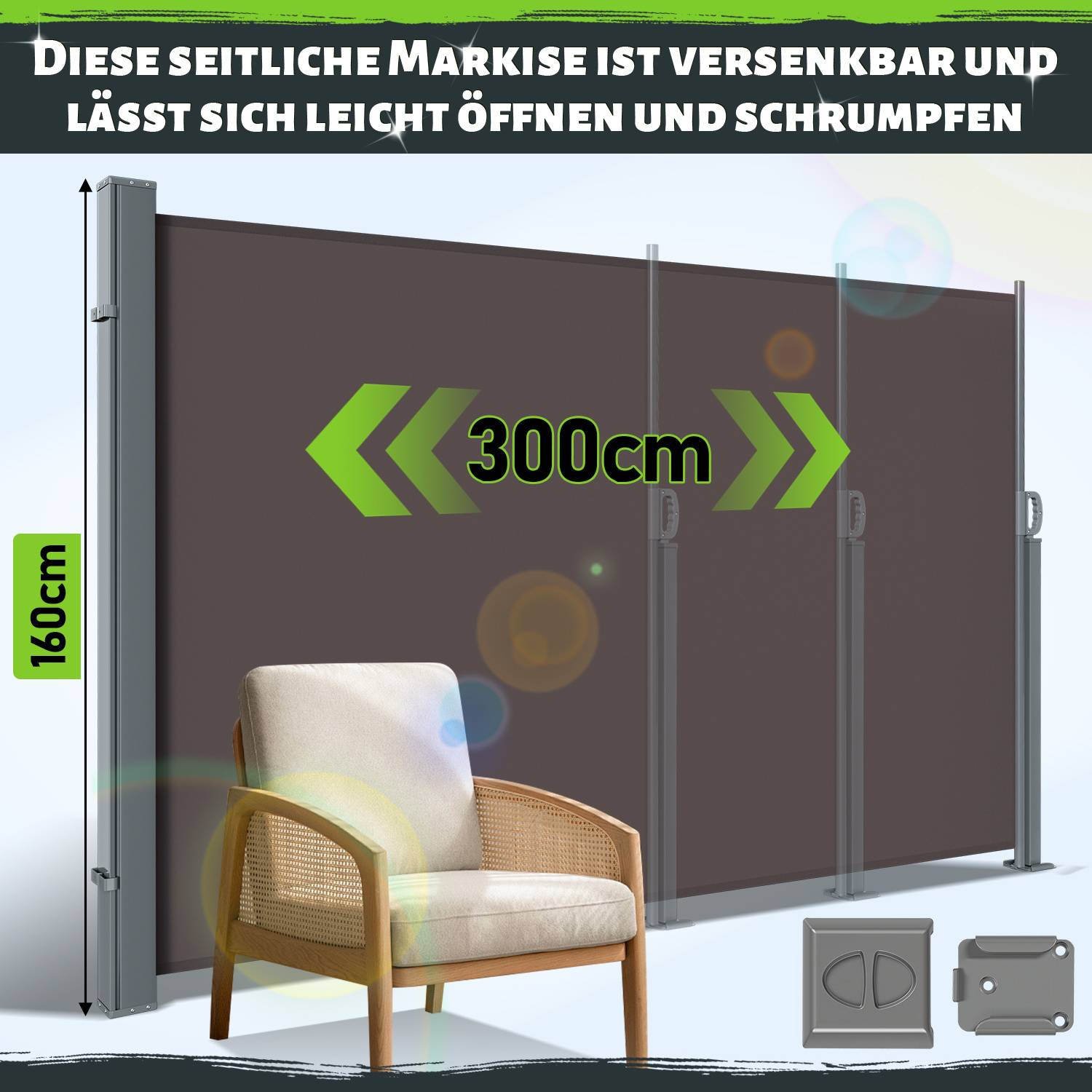 Einziehbare Seitenmarkise mit Abmessungen: 300 cm Länge, 160 cm Höhe. Merkmale sind einfaches Öffnen und Einziehen, gezeigt mit Stuhl.