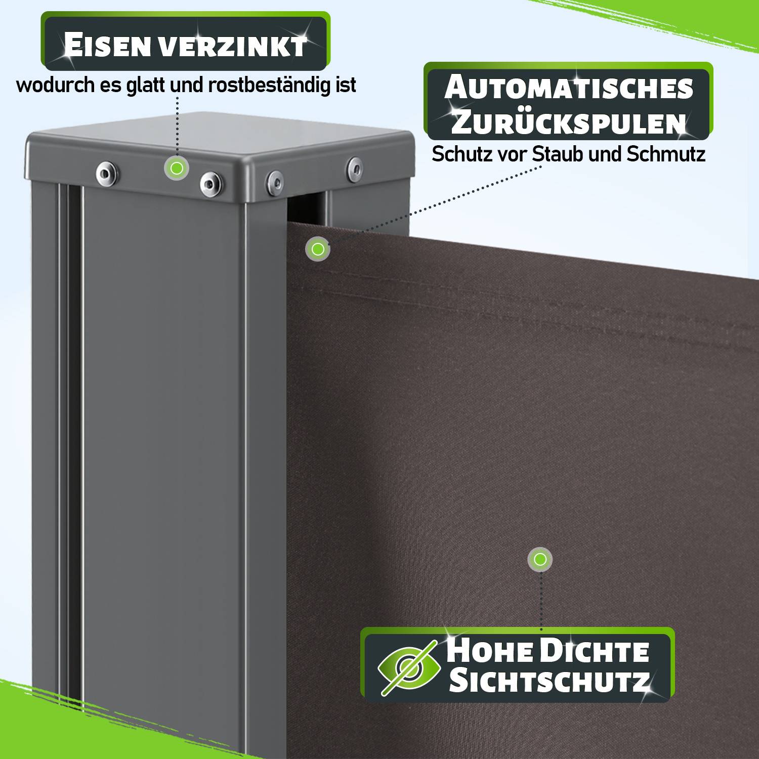 Eine Seitenmarkise mit gekennzeichneten Merkmalen: 'Eisen verzinkt' für glatte, rostbeständiges Eisen; 'Automatisches Zurückspulen' für automatische Einfahrung; 'Hohe Dichte Sichtschutz' für hochdichten Sichtschutz.