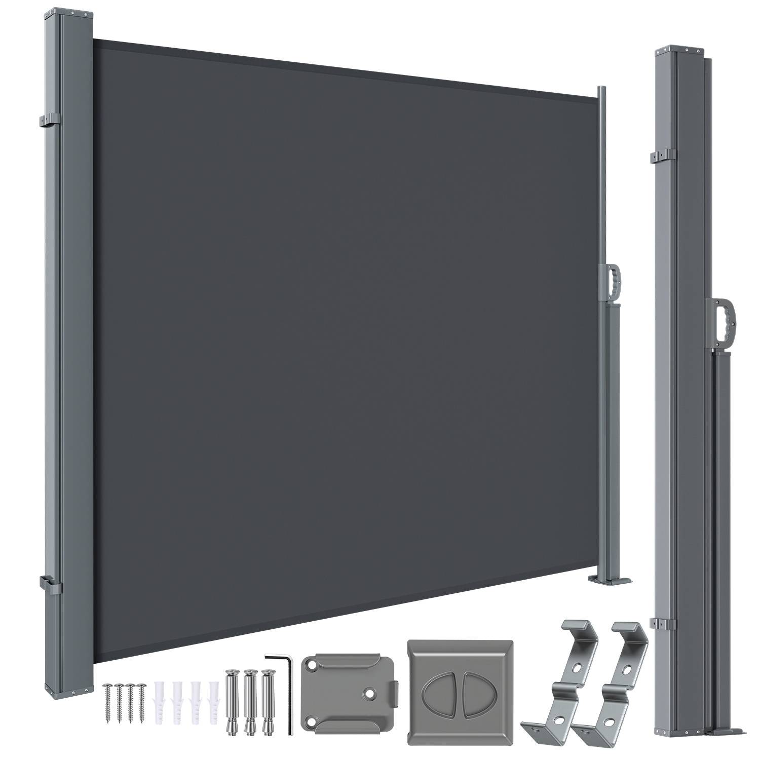 Ausfahrbarer Außensichtschutz mit Montagezubehör, einschließlich Halterungen und Schrauben. Geeignet für Terrassen und Gärten.