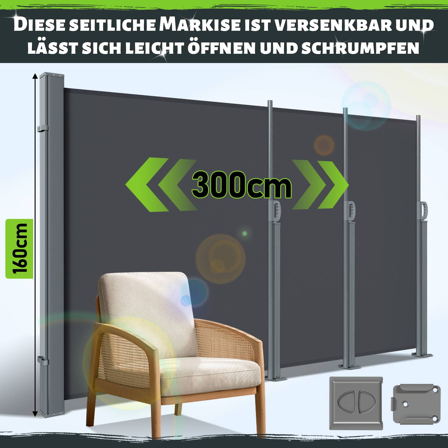 Produktgrafik einer einziehbaren Seitenmarkise, dargestellt mit einer Breite von 300 cm und einer Höhe von 160 cm, mit dem deutschen Text „DIESE SEITLICHE MARKISE IST VERSENKBAR UND LÄSST SICH LEICHT ÖFFNEN UND SCHRUMPFEN".
