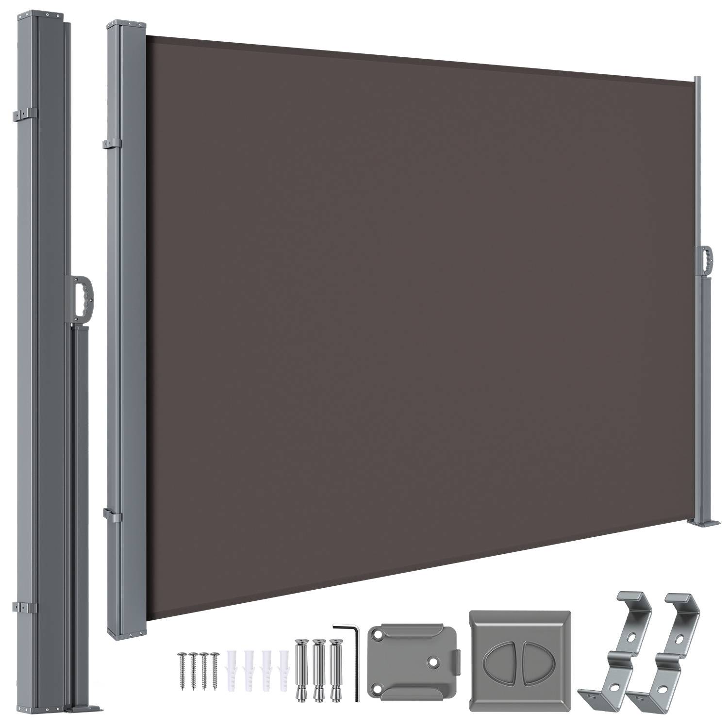 Einziehbare Seitenmarkise mit grauem Stoff, Aluminium-Rahmen und einschließlich Montagematerial. Bietet Privatsphäre und Windschutz für Außenbereiche.