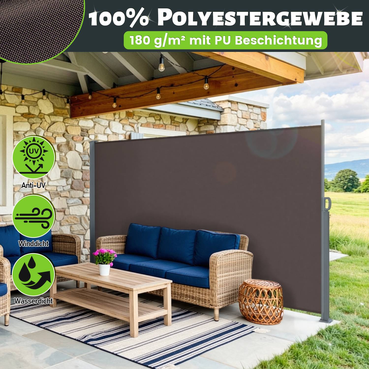 Außen-Sichtschutz auf einer Terrasse, gekennzeichnet mit „100% Polyestergewebe" und „180 g/m² mit PU Beschichtung"", mit Symbolen für UV-Schutz, Windschutz und Wasserbeständigkeit.