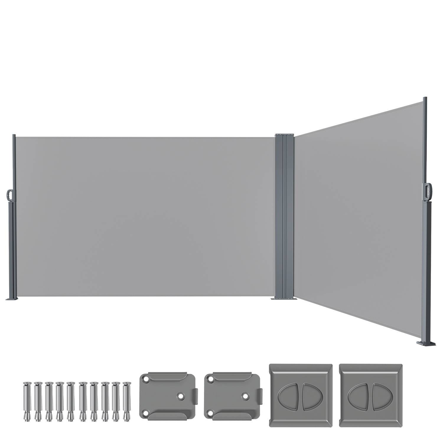 Ausfahrbarer Sichtschutz mit Montagezubehör, geeignet für Außenbereiche, mit flexiblem grauem Stoff, der sich von Metallpfosten erstreckt.
