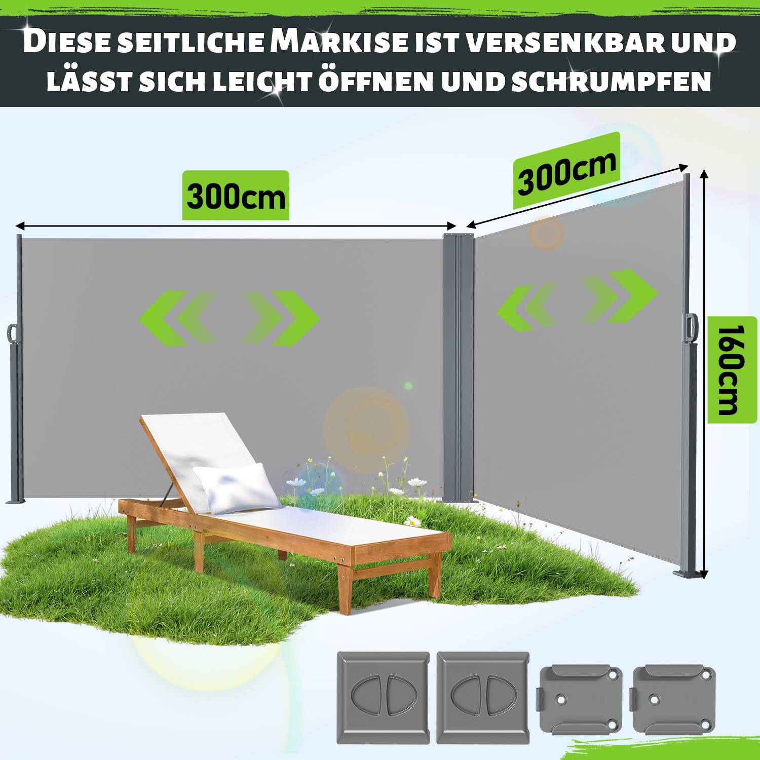 Eine ausfahrbare Seitenmarkise, gekennzeichnet mit einer Breite von „300cm
