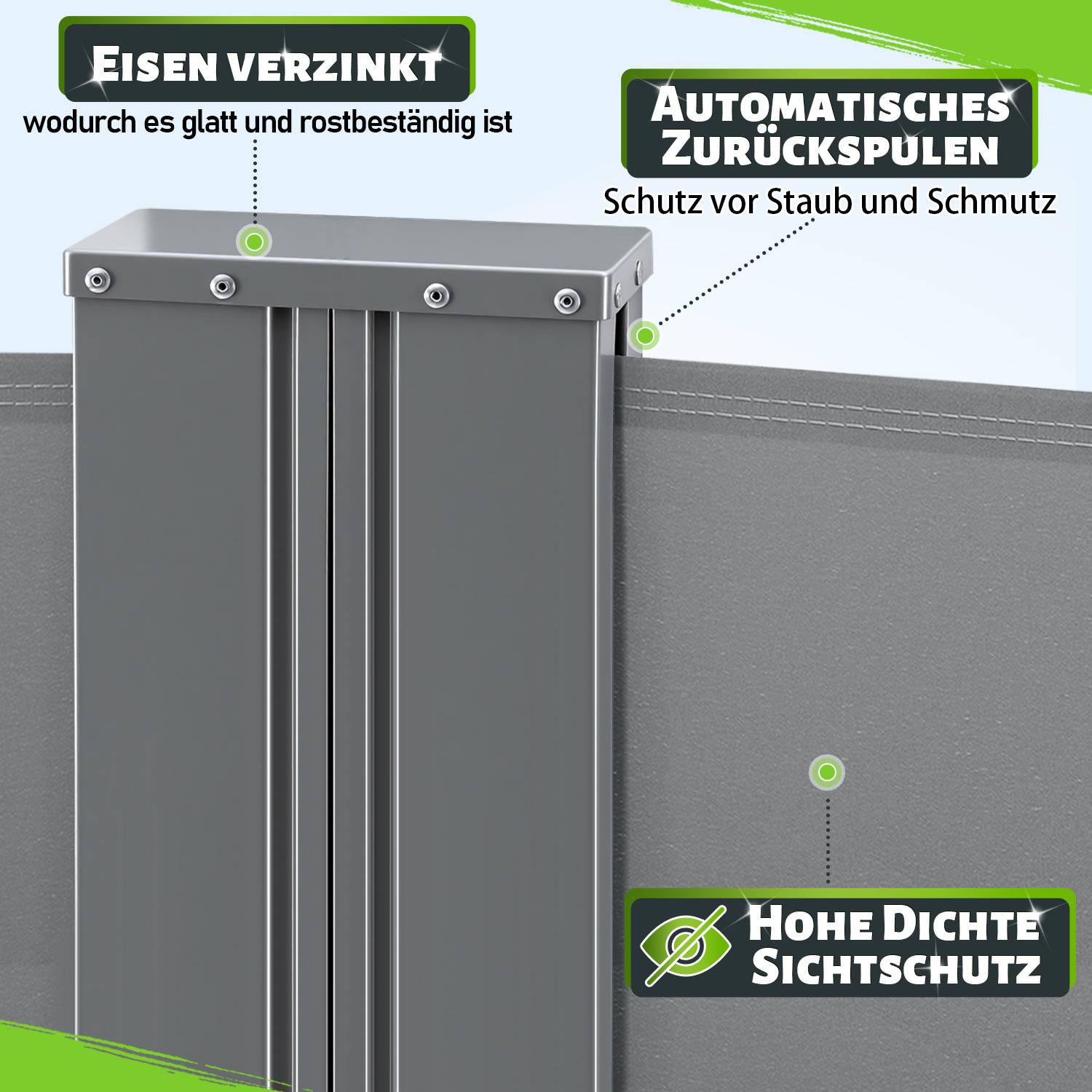 Ein Metall-Sichtschutz mit hervorgehobenen Merkmalen: „Verzinktes Eisen, glatt und rostbeständig
