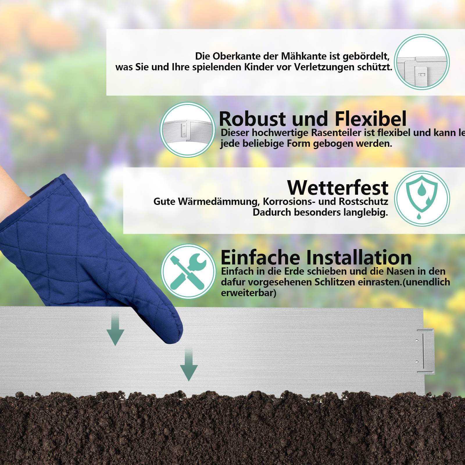 Eine Illustration zeigt flexible Kinderschutzbarrieren für Hochbeete und hebt die einfache Installation, Flexibilität und Witterungsbeständigkeit hervor.