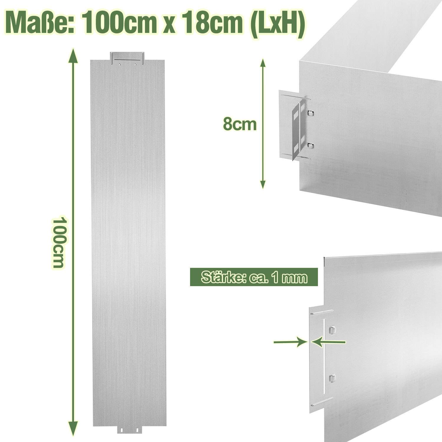 Aluminiumprofil mit Abmessungen: 100cm Länge, 18cm Höhe, 8cm Tiefe und ungefähr 1mm Dicke, in silberner Farbe dargestellt.