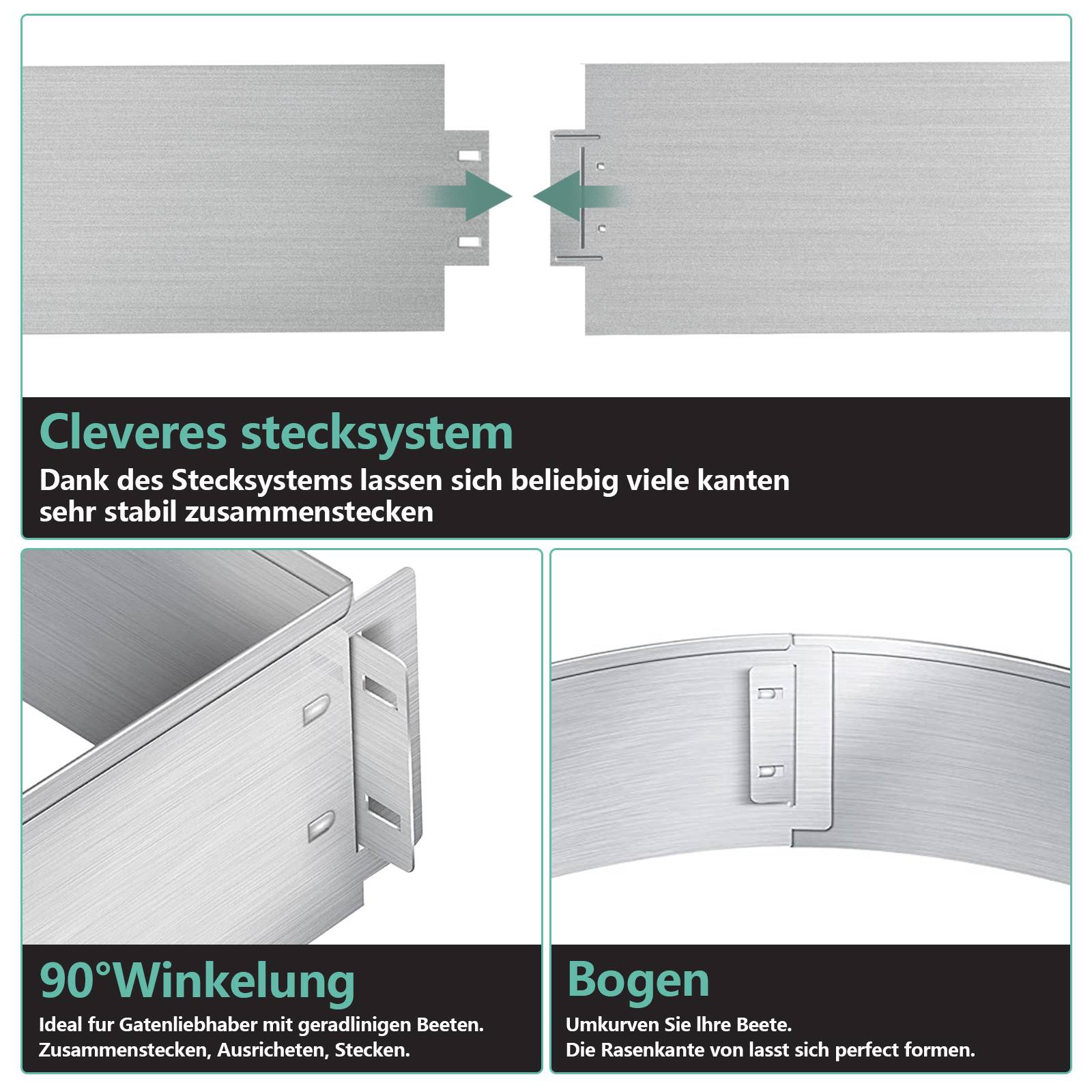Diagramm eines modularen Metallplankensystems mit stabilen Verriegelungskanten, sowie Beispiele für 90°-Ecken und gekrümmte Biegungen.