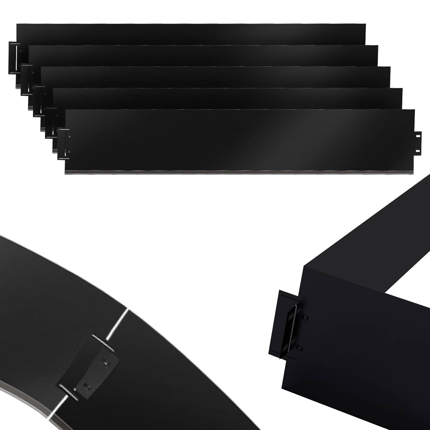 Fünf schwarze modulare Paneele in gestaffelter Anordnung auf weißem Hintergrund, mit einem separat gezeigten detaillierten Paneel.