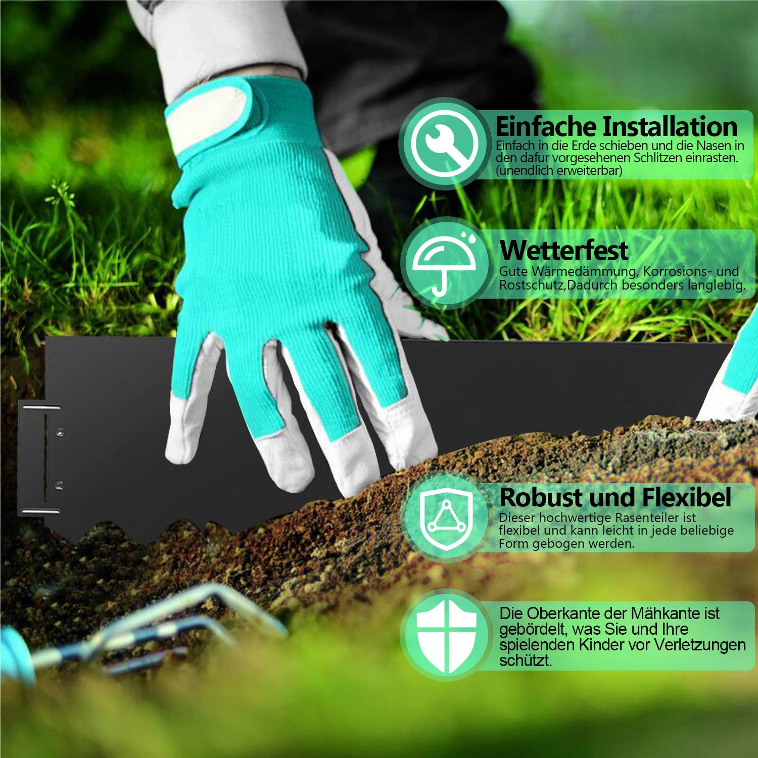 Eine Person in weißen Handschuhen stellt eine Installationstafel auf einer Rasenfläche ein. Der deutsche Text hebt Merkmale wie wasserdicht, flexibel und robustes Design hervor.