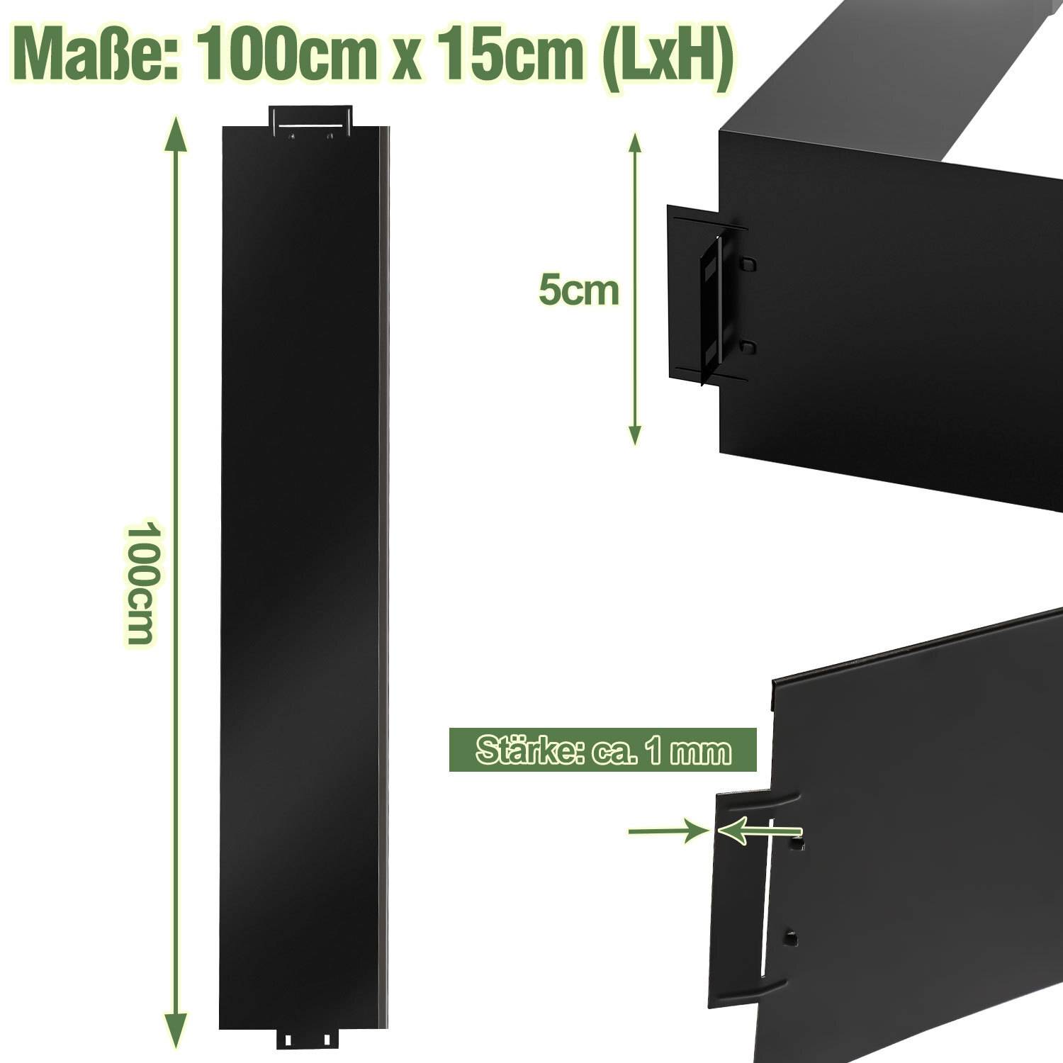 Schwarzes Metallkonsol, Abmessungen 100cm x 15cm (LxH), mit einer Dicke von etwa 1mm, in zwei Winkelsichten mit beschrifteten Maßen dargestellt.