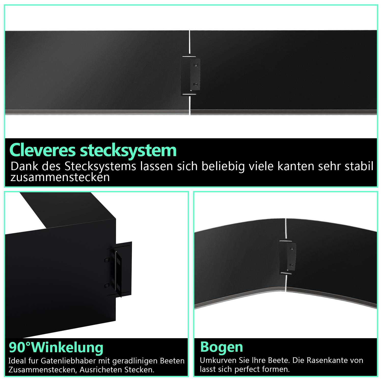 Cleveres Stecksystem' zeigt eine modulare schwarze Beetumrandung, die sich sicher verbindet. Zu den Merkmalen gehören 90°-Winkel für gerade Designs und Kurven für flexible Formgebung.