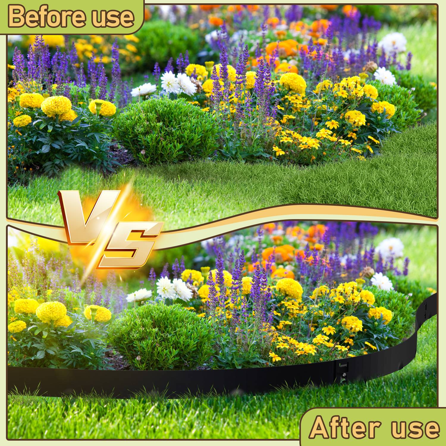 Vergleich des Gartens vor und nach der Verwendung von Landschaftsbegrenzung. Vorher: unebenes Blumenbeet. Nachher: ordentliche, klar definierte Beetränder.