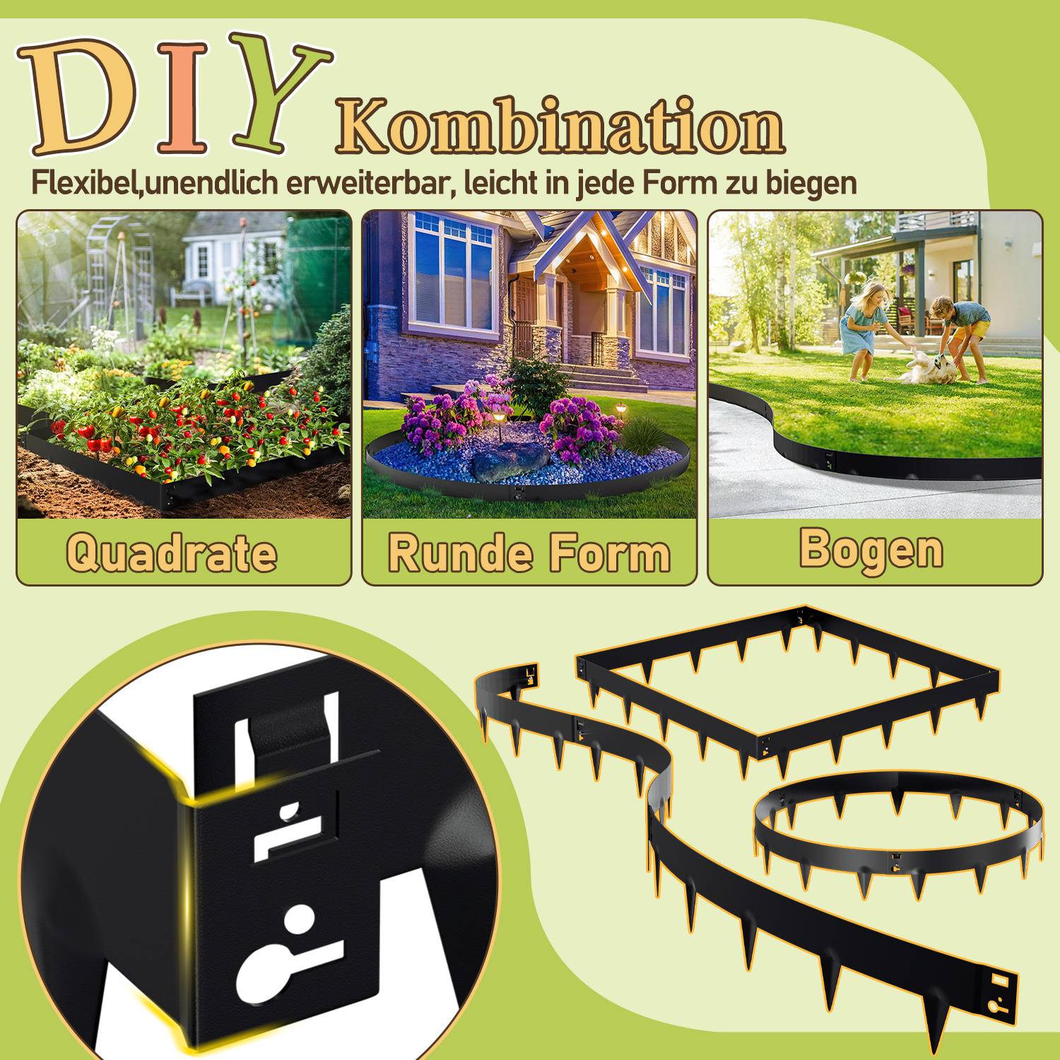 Bild zeigt Gartenranddesigns: quadratische, runde und geschwungene Formen. Unterstreicht Flexibilität und einfache DIY-Installation für die Landschaftsgestaltung.