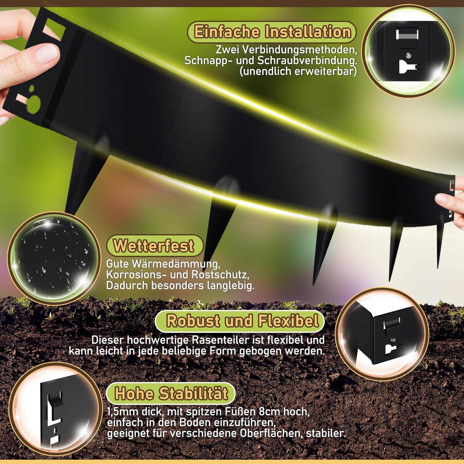Zwei Hände halten schwarze, flexible Gartenumrandung gegen die Erde. Der Text hebt Merkmale hervor: einfache Installation, wetterfest, langlebig, stabil.