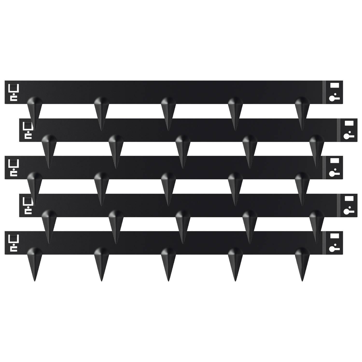 Fünf gestapelte schwarze horizontale Balken mit spitzen Dornen, die in regelmäßigen Abständen herunterhängen und einem schematischen Hindernis oder Anti-Kletter-Gerät ähneln.
