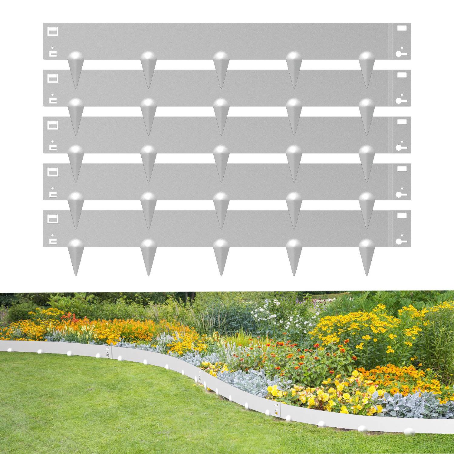 Flexible Gartenrandinstallation läuft, metallische Spitzen sichern geschwungene Umrandung um bundes Blumenbeet.