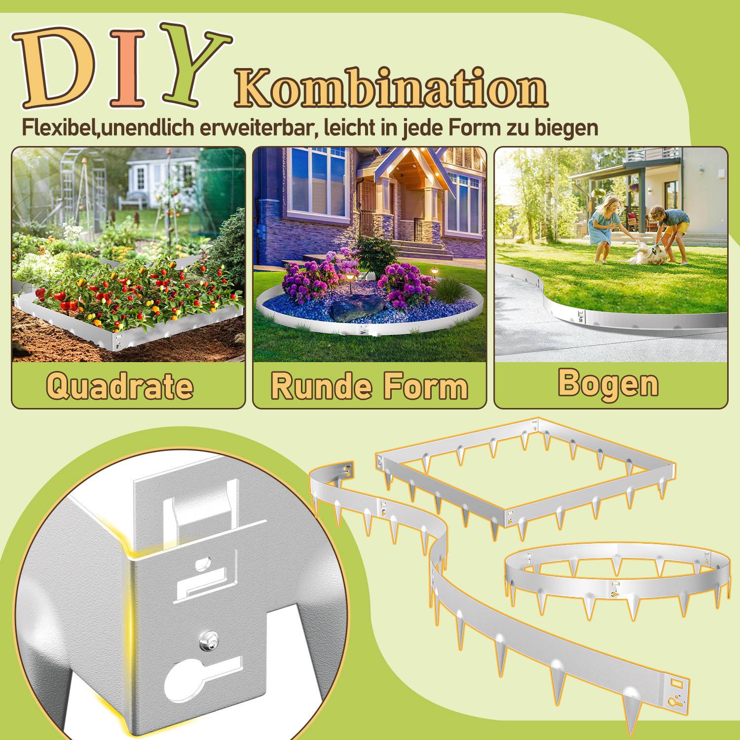 Aluminium-Gartenumrandung in quadratischer, runder und Bogenform, flexibel und erweiterbar. Das Bild zeigt Beispiele und eine Nahaufnahme der Umrandungsverriegelung.