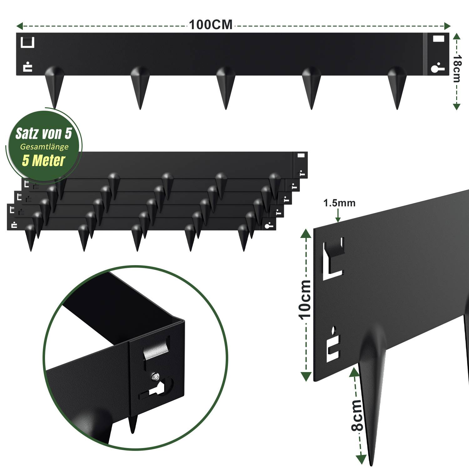 Set aus 5 Streifen, insgesamt 5 Meter. Jeder Streifen ist 100 cm lang, 10 cm hoch, mit 18 cm Spitzen, in einem Abstand von 1,5 cm. Schwarze Farbe.