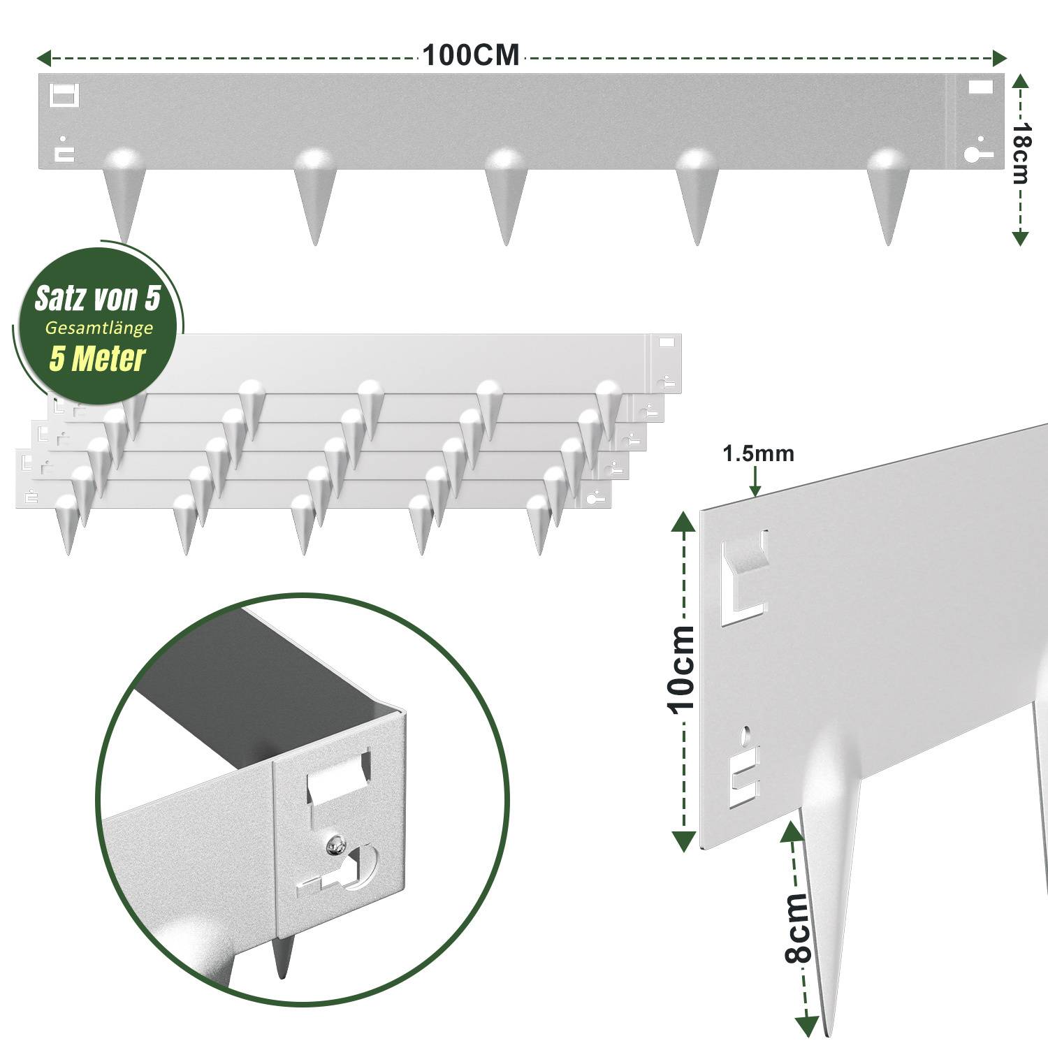 Set von 5 Meter Gesamtmenge'. Diagramm eines Metallstreifens mit Spitzen, 100 cm lang, 1,8 cm hoch, und zusätzliche Abmessungen für die Installation gezeigt.