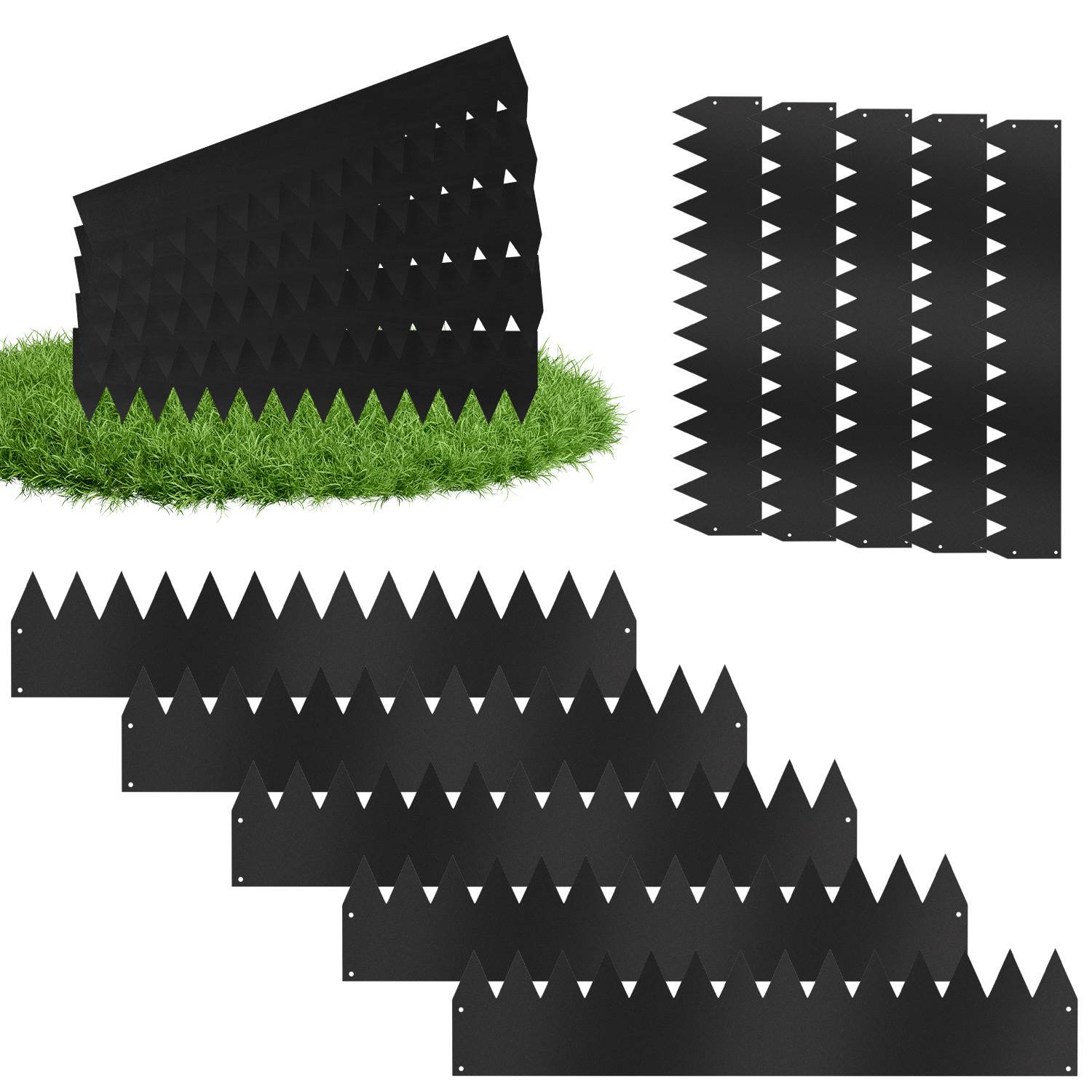 Schwarze Kunststoff-Anti-Kletter-Spitzen auf Gras; in verschiedenen Anordnungen dargestellt, die Installationsmöglichkeiten demonstrieren.