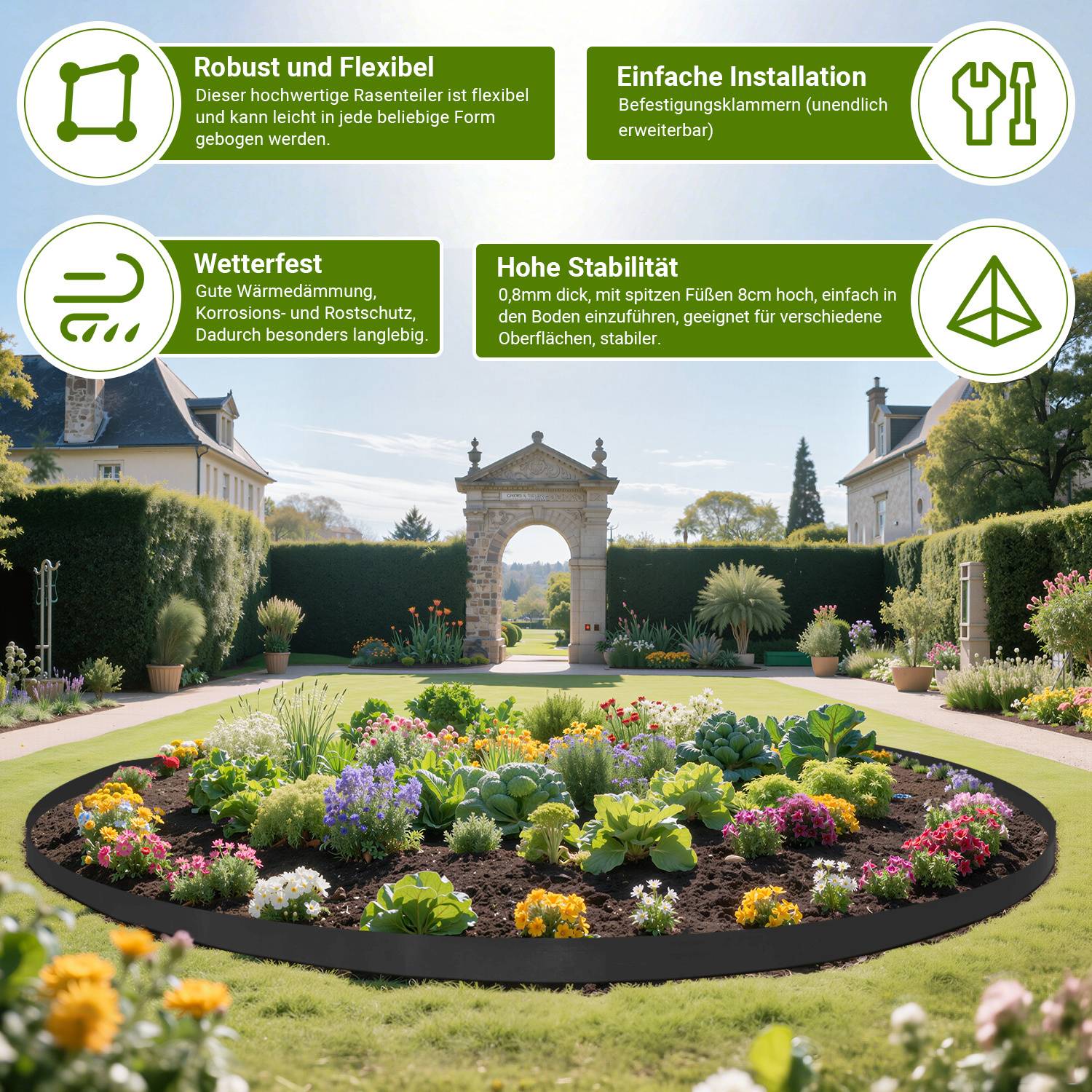 Ein angelegter Garten mit einem kreisförmigen Blumenbeet im Vordergrund und einem Steinbogengang in der Mitte. Textfelder heben Produktmerkmale hervor.