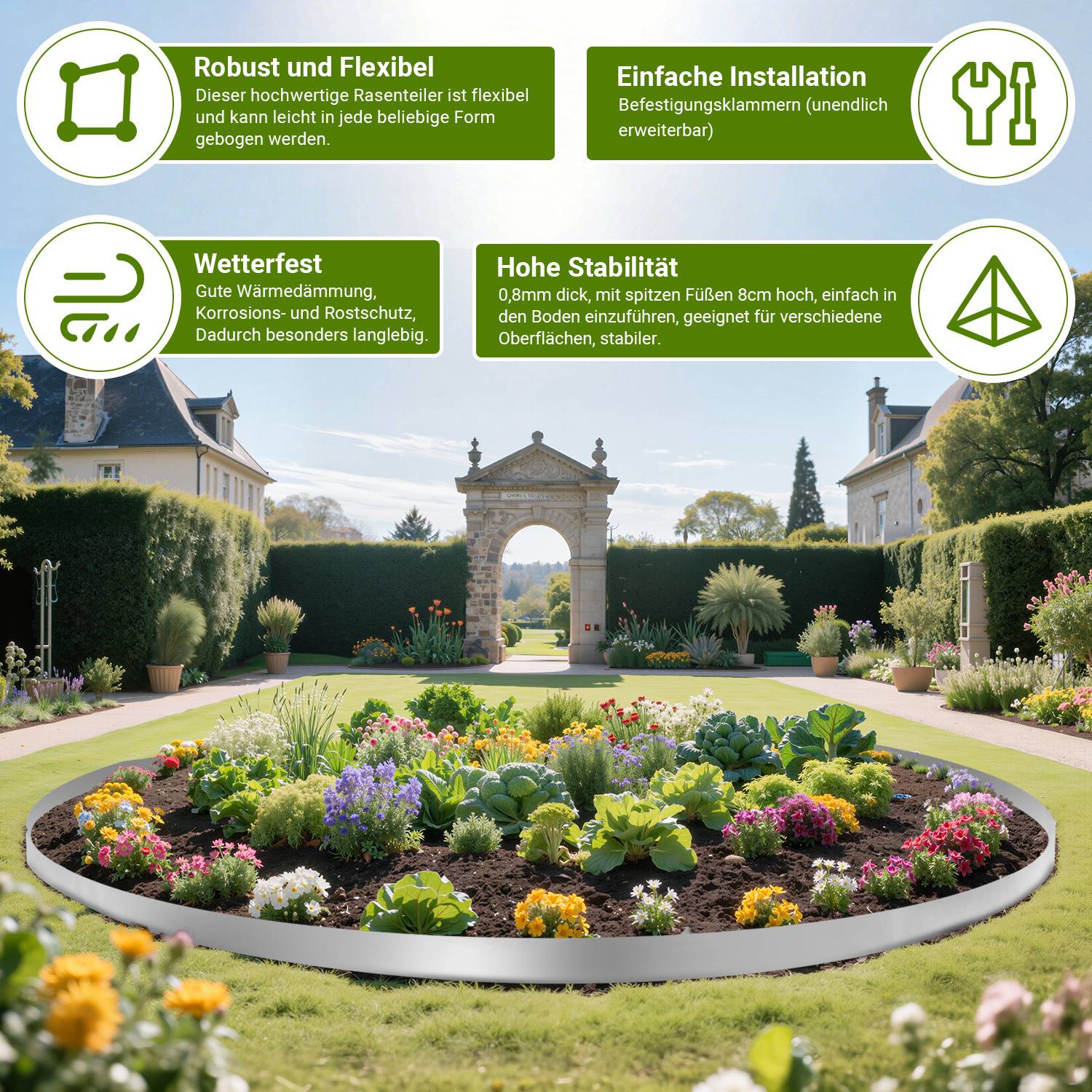 Ein lebendiger Garten zeigt ein kreisförmiges Blumenbeet mit farbenfrohen Pflanzen vor einem eleganten Steinbogen. Überlagerte Text heben die Robustheit der Raseneinfassung, die einfache Installation, die Wetterbeständigkeit und die hohe Stabilität hervor.