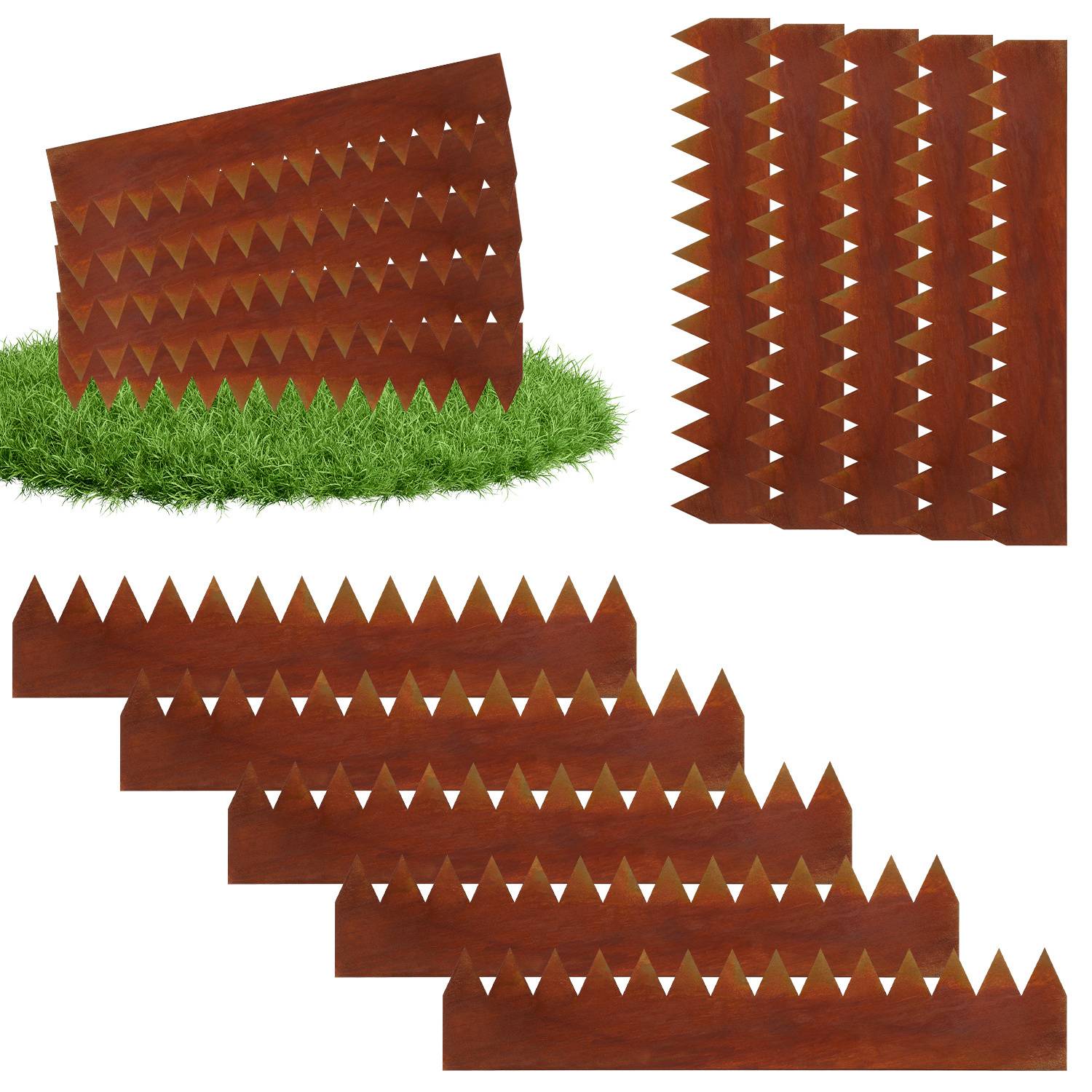 Braune Holzgartenumrandung mit dreieckigen Ausschnitten, im Gras präsentiert, in verschiedenen Konfigurationen gezeigt.
