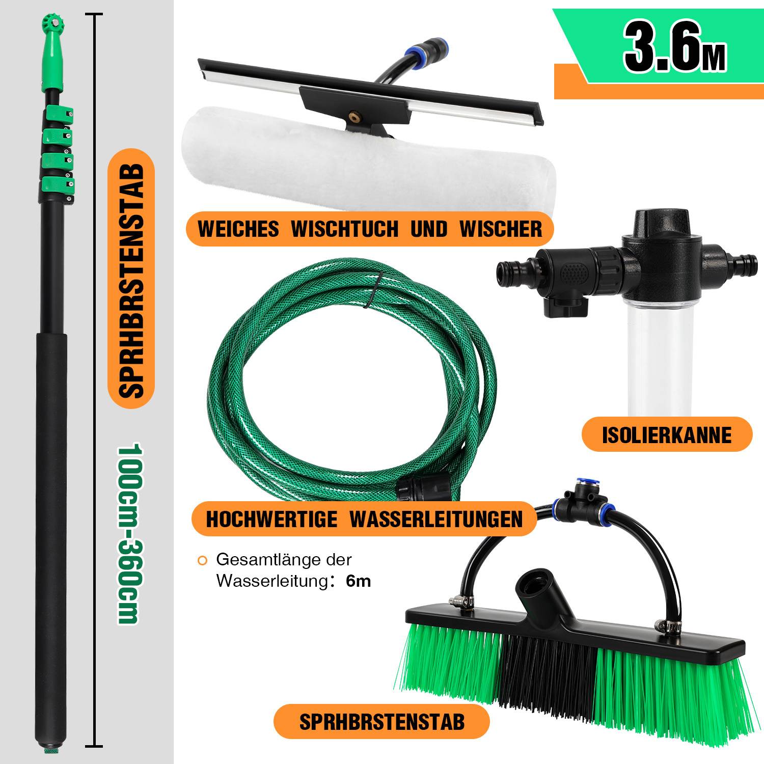Ein Teleskop-Reinigungswerkzeug-Set enthält eine 3,6 m lange Verlängerungsstange, einen weichen Mopp und eine Gummilippe, einen grünen Schlauch und eine Reinigungsbürste.