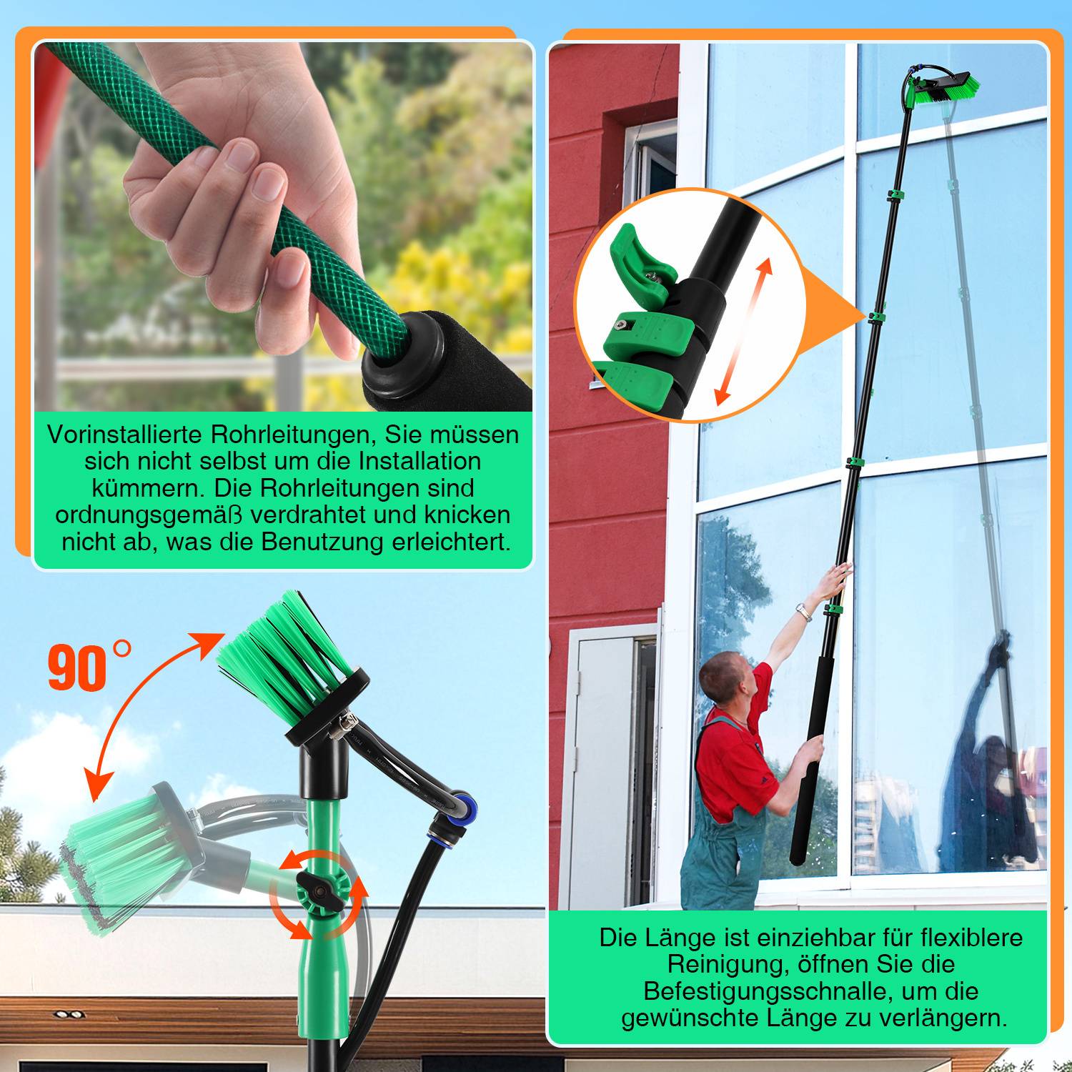 Eine Person reinigt ein Fenster mit einer ausziehbaren Stange und einer Bürste. Einsätze zeigen die Schlauchinstallation und Flexibilitätsmerkmale. Deutscher Text erklärt die Verwendung.