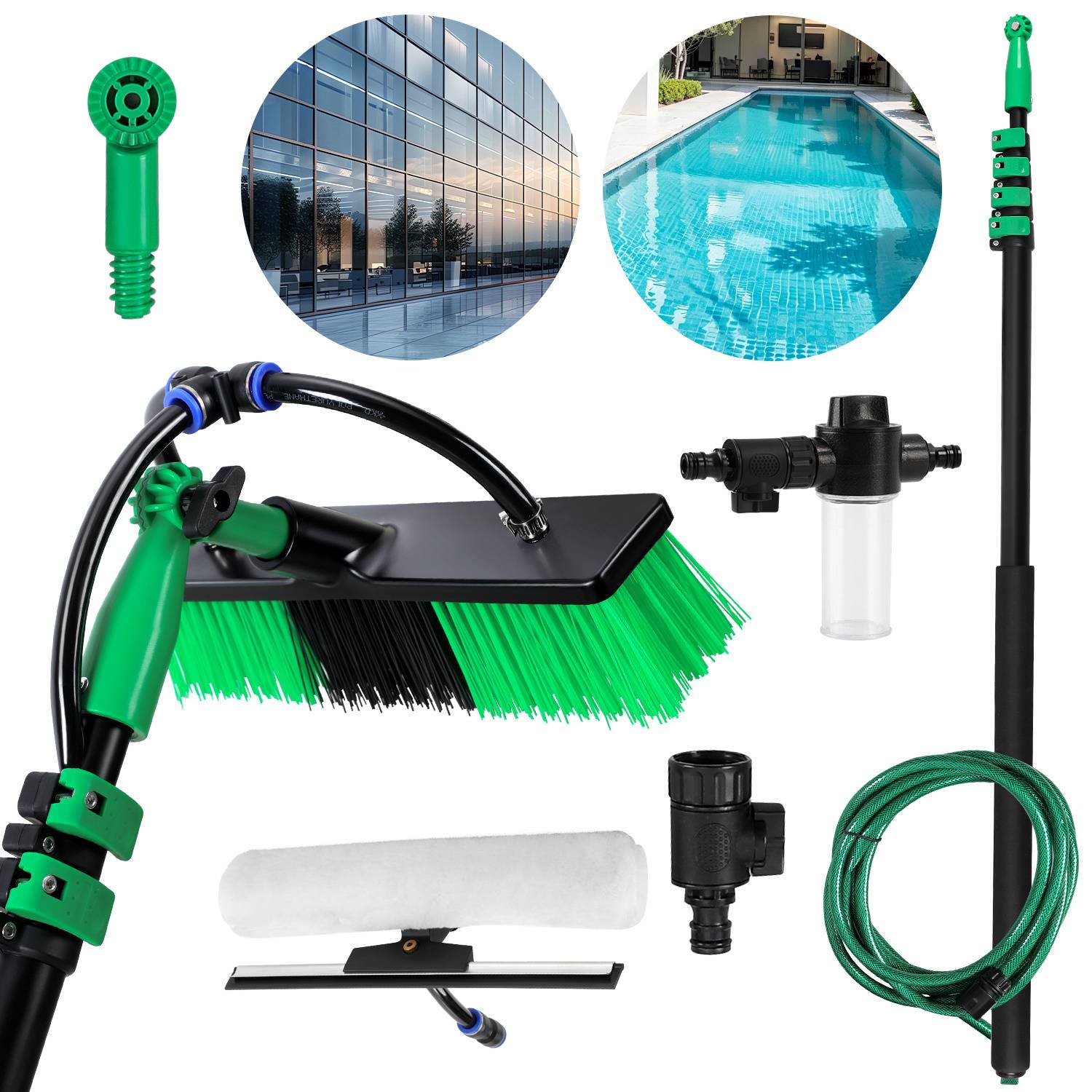 Poolreinigungsset mit ausziehbarem Stab, Bürste, Saugaufsätzen, Schlauch und Abzieher. Kreisförmige Bilder zeigen einen Pool und ein Gebäude.
