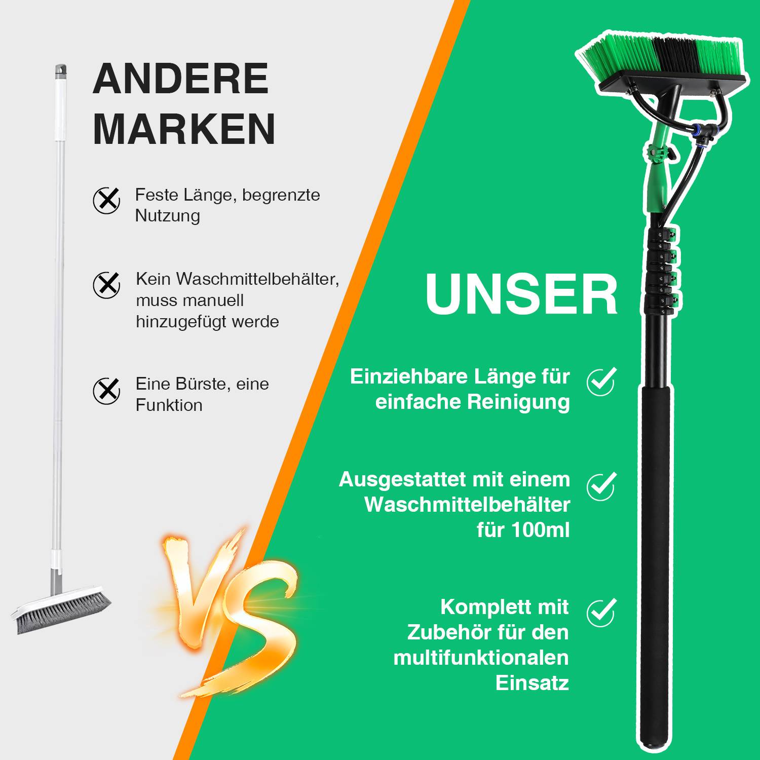 Teleskop-Wasserbürste, 4,8 m, 4-fache Verstellbarkeit, Schwarz-Grün, perfekt für Gartenpflege