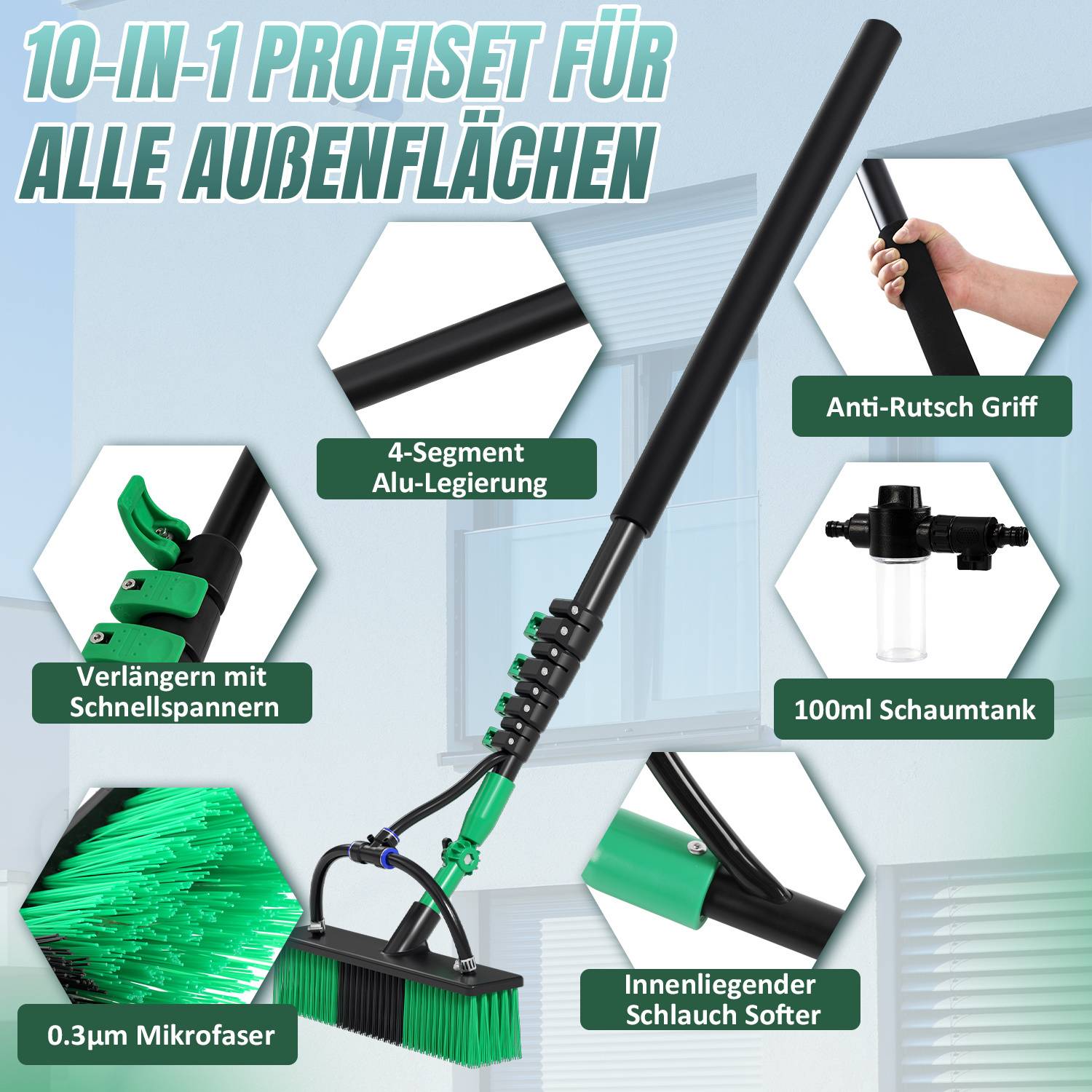 10-in-1 Reinigungswerkzeug für alle Außenflächen' mit Bildern von Teilen: 4-teilige Aluminiumpfosten, rutschfester Griff, 100-ml-Schaumstofftank, 0,3 µm Mikrofaser.