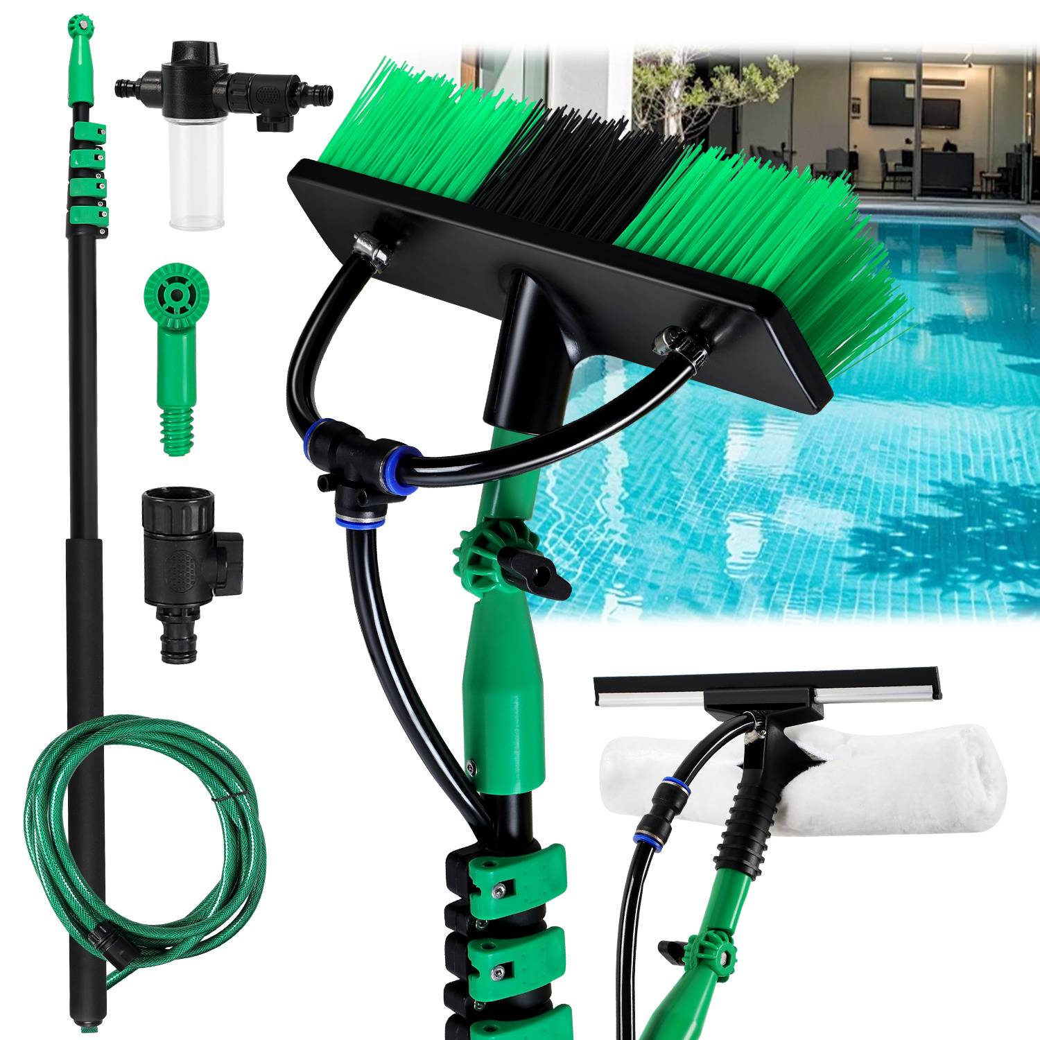 Poolreinigungsset mit Teleskopstange, Bürste, Schlauch und Zubehör vor einem Pooldisplay dargestellt.