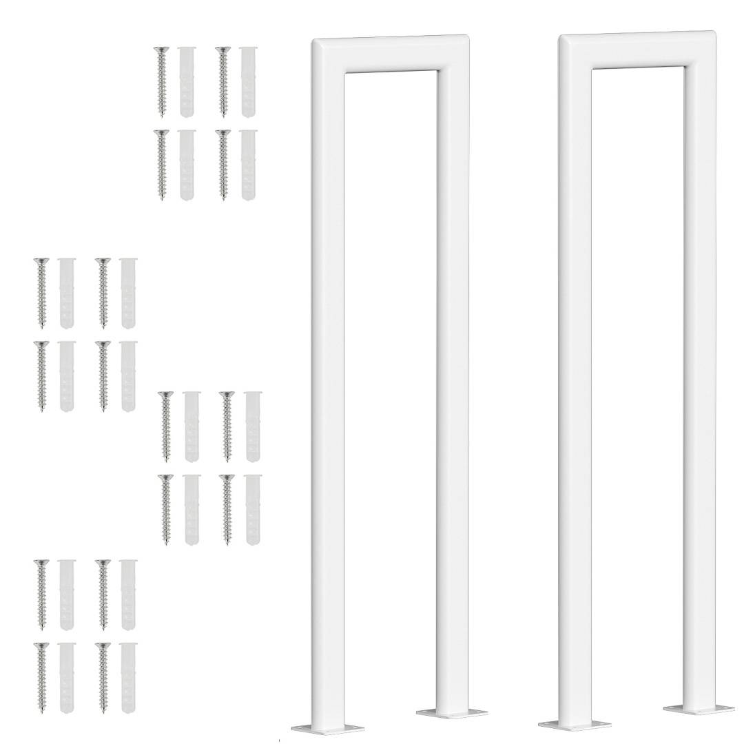 Zwei weiße rechteckige Rahmen mit mehreren Schrauben, sortiert nach Größe, zum Zusammenbau enthalten.