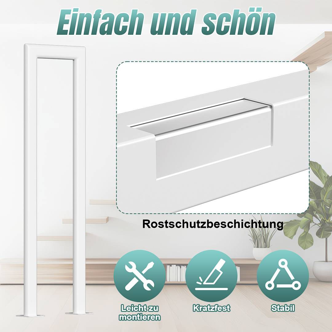 Ein weißer Türrahmen mit Schutzschicht. Merkmale sind leicht, kratzfest und stabil. Text: 