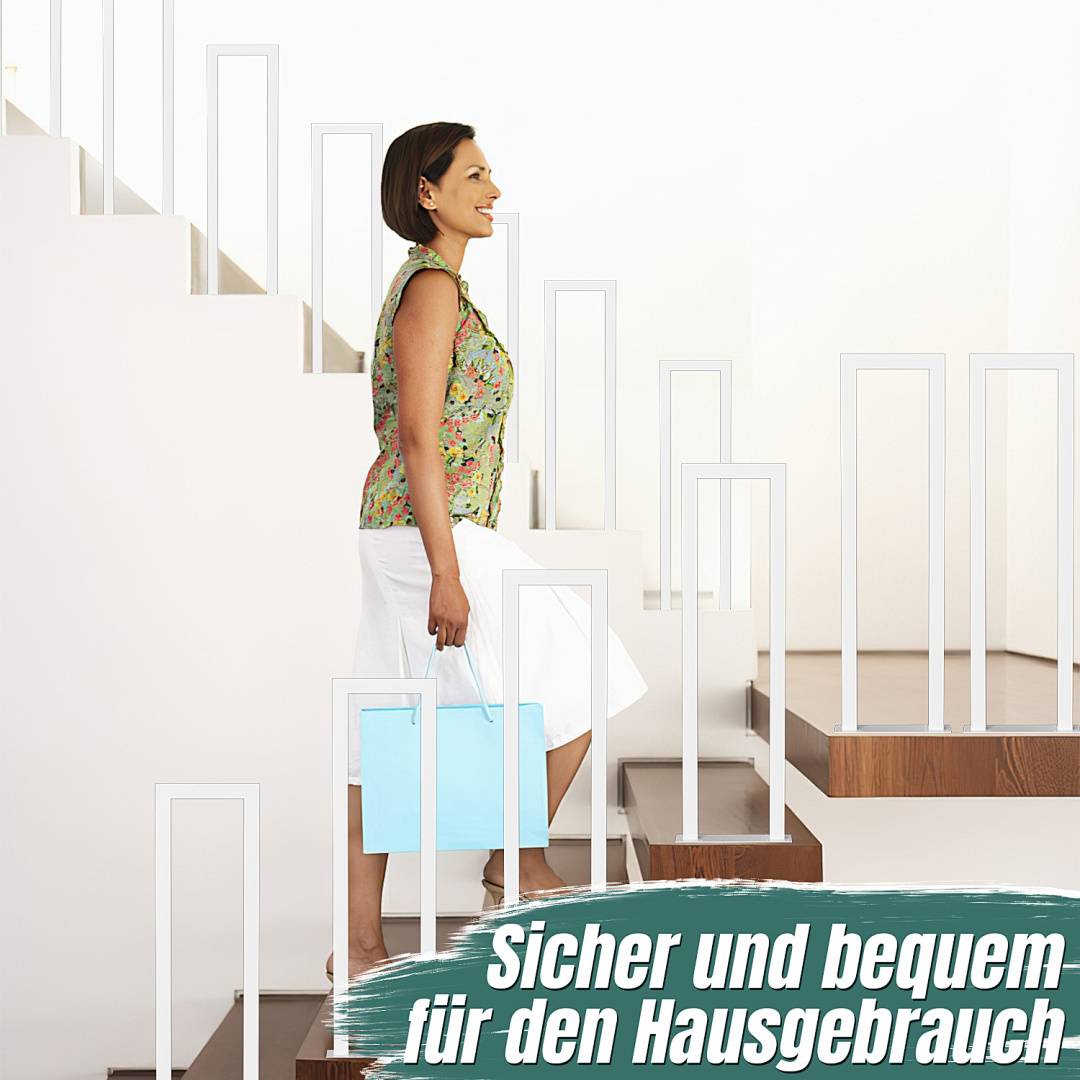 Eine Frau mit einer Einkaufstasche geht moderne, stilvolle Treppen hinauf. Der Text lautet: „Sicher und bequem für den Hausgebrauch