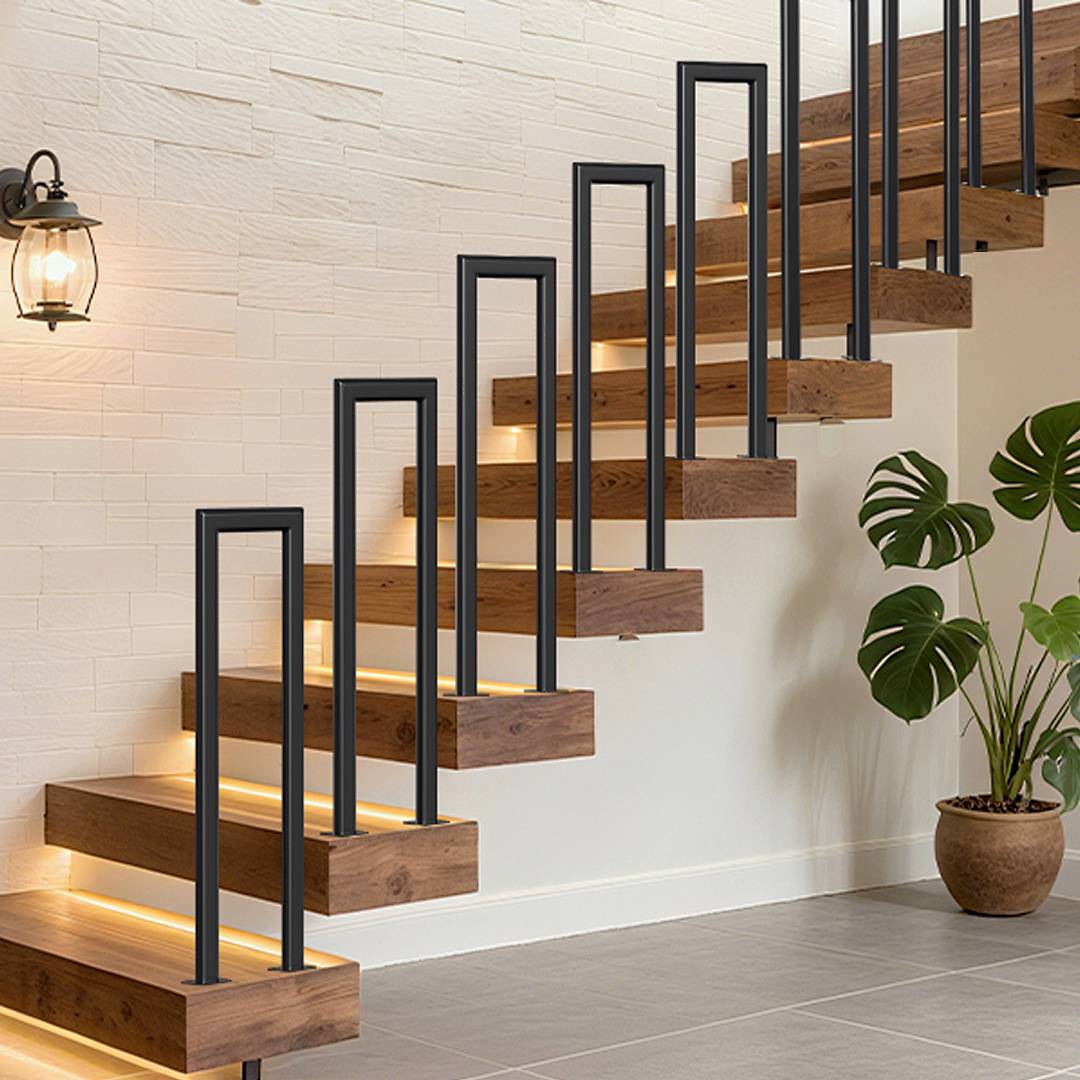 Eine moderne Holztreppe mit vertikalen schwarzen Metallstützen, die unter jeder Stufe LED-Beleuchtung aufweist, führt neben einer weißen Backsteinmauer nach oben.