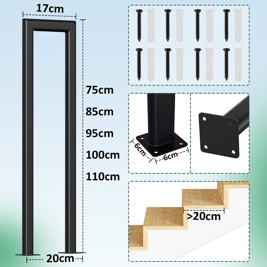 Metallgeländer-Installationsset enthält Schrauben und Dübel. Geländerhöhenoptionen: 75cm, 85cm, 95cm, 100cm, 110cm. Geeignet für Stufen über 20cm.