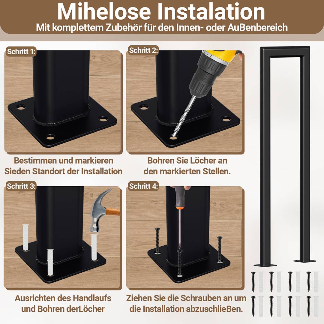 Mühelose Installationsanleitung zeigt Schritte zur Installation eines Handlaufs: Markieren, Bohrlöcher bohren, Schiene ausrichten und mit Schrauben sichern.