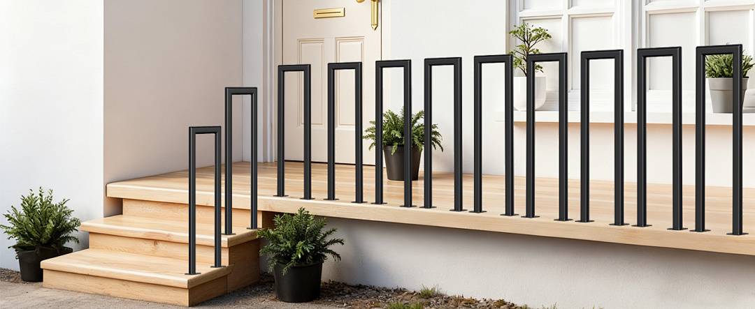 Eine beige Eingangstür mit einer Reihe schwarzer quadratischer Rahmen, die auf den Stufen positioniert sind und eine optische Täuschung unterschiedlicher Höhen erzeugen. Zwei Topfpflanzen flankieren die Stufen.