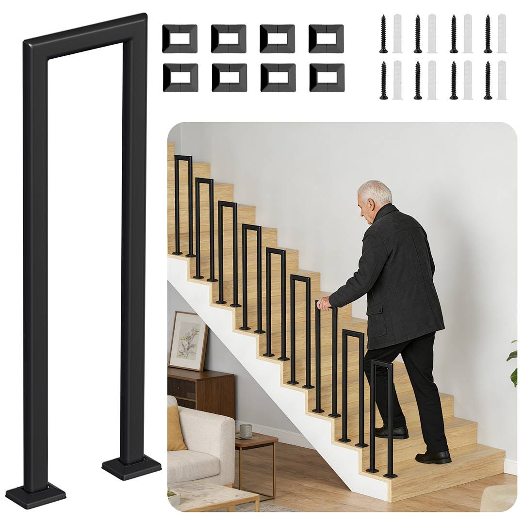 Älterer Mann steigt Holztreppe mit schwarzen Sicherheitsgeländern hinauf, die entlang der Stufen angebracht sind, zusätzliches Geländerinstallationsset wird angezeigt.